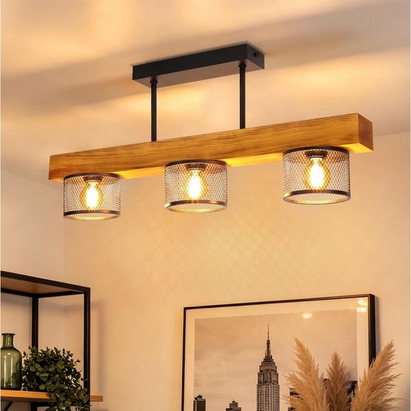 Nettlife Deckenleuchte Vintage Holz E14 3 flammig Metall Gitterschirm Industrial, ohne Leuchtmittel, für Wohnzimmer, Küche, Esstisch & Schlafzimmer