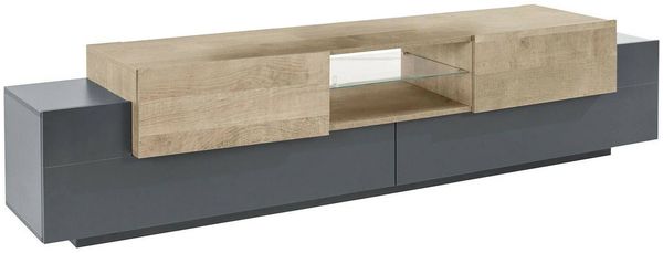 Dmora TV-Schrank Amato, niedriges Wohnzimmer-Sideboard, Fernsehständer-Basis, 100 % Made in Italy, 220 x 40 x 51 cm, Anthrazit und Ahorn,