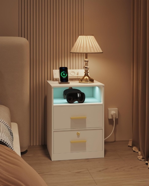 Nachttisch mit Ladefunktion, Beistelltisch mit LED-Beleuchtung, Nachtschrank mit 1 Offenes Fach und 2 Schubladen, mit Schloss, für Schlafzimmer, Wohnzimmer, Weiß