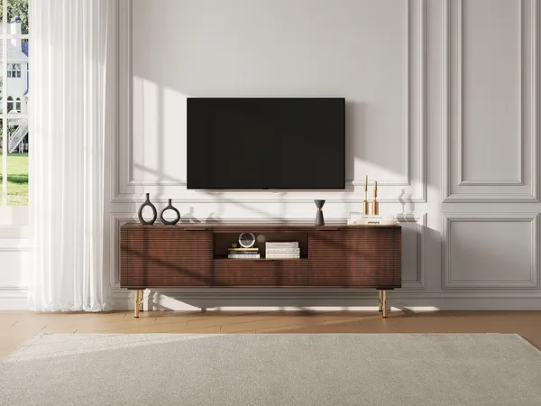 Vente-unique - SORDANA TV unit Holz, PlatteHolz, Platte BraunGold - B 40 cm x H 55 cm x L 160 cm