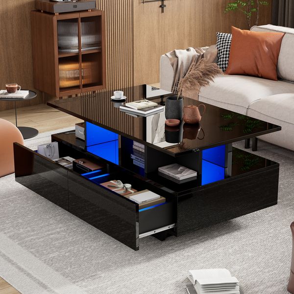 Couchtisch Hochglanz mit LED-Beleuchtung & 2 Schubladen, 90x55x41 cm, Schwarz