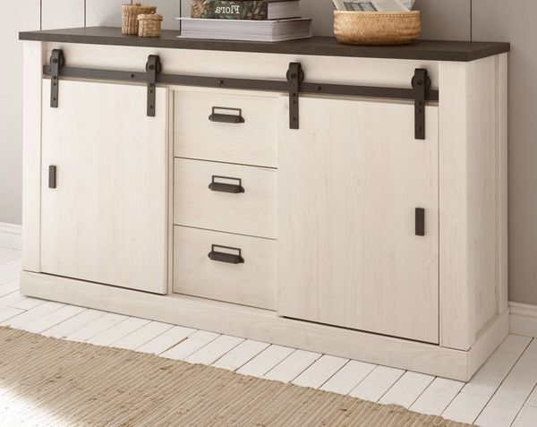 Büro Kommode Stove in weiß Pinie und anthrazit Landhaus 162 x 91 cm