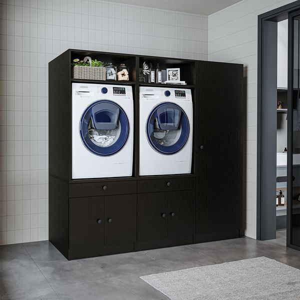 Roomart Schrankwand mit Schrankaufsätzen für Waschmachine & Trockner • 201 cm Breit • Schwarz eiche