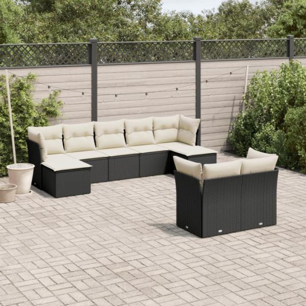 vidaXL 9-tlg. Garten-Sofagarnitur mit Kissen Schwarz Poly Rattan 3218306