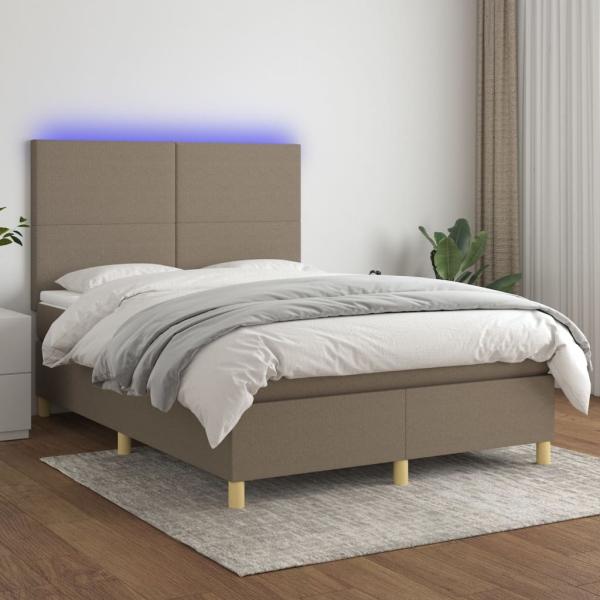 vidaXL Boxspringbett mit Matratze & LED Taupe 140x200 cm Stoff 3135281