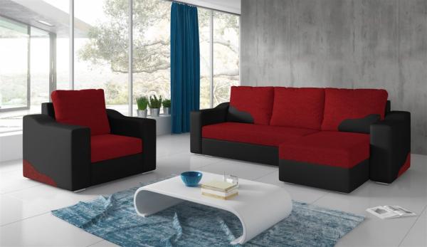 Ecksofa Set COLLIN Ottomane Rechts + Sessel Schwarz / Rot