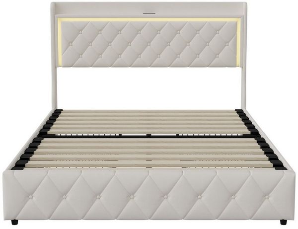 Furnishings Home Polsterbett Stauraumbett Doppelbett LED, Samtstoff (1-tlg), Mit 2 Schubladen, LED-Beleuchtung, USB-Anschluss, 160x200 cm