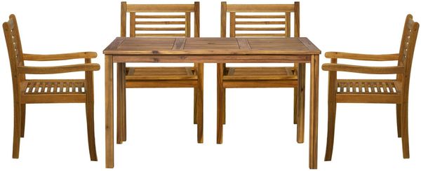 Sitzgruppe Akazienholz 5-teilig Tisch mit Schirmloch und vier Armlehnstühlen
