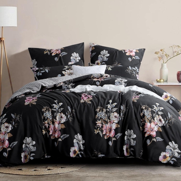Bettwäsche Set 200x200 Schwarz Blumen Muster Mikrofaser Reißverschluss