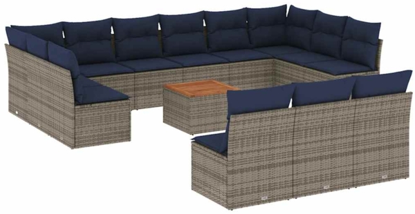 vidaXL 14-tlg. Garten-Sofagarnitur mit Kissen Grau Poly Rattan 3256236