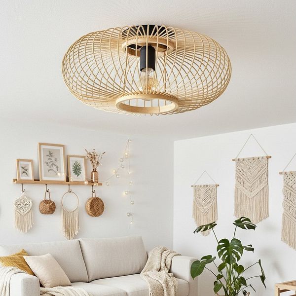 hofstein Deckenleuchte Deckenlampe aus Metall/Bambus in Schwarz/Naturfarben mit Lichteffekt, Deckenleuchte im Boho/Retro/Vintage-Design (Schirm Ø 40 cm), E27