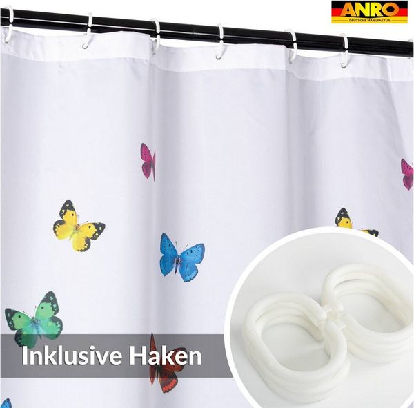 ANRO Duschvorhang FASTY Schmetterlinge Anti-Schimmel Polyester Badewanne Vorhang Breite 120 cm (Packung, 1-tlg, Duschvorhang inkl. Aufhängeringe), robuster Vorhang Stangenaufhängung 120x200cm Frühlingsdesign Bunt