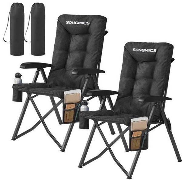 SONGMICS Campingstuhl faltbar, 2er Set, 95°-150° verstellbare Rückenlehne, Klappstuhl 6 cm Polsterung, Getränkehalter, Seitentasche, Tragetasche, Garten Camping Angeln, schwarz