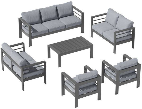 MeXo Gartenlounge-Set Gartenmöbel Set Aluminium Wetterfest, (1 x 3-Sitzer Sofa, 2 x 2-Sitzer Sofa, 4 x Sessel, 1 x Gartentisch, 18 x Kissen, 6-tlg, Luxus Relax), Gartensofa Set für 8-10 Personen, Individuell Kombinierbar