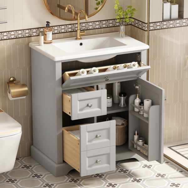 Badezimmerschrank mit integriertem Waschbecken – Freistehender Waschtisch,Grau lackierte Oberfläche, 3 Schubladen & Türregal