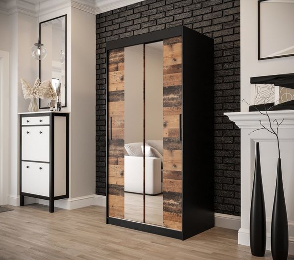 ABIKS MÖBEL Schwebetürenschrank OLD STYLE T1 Schlafzimmerschrank, Schiebetüren, Kleiderstange, Regalen