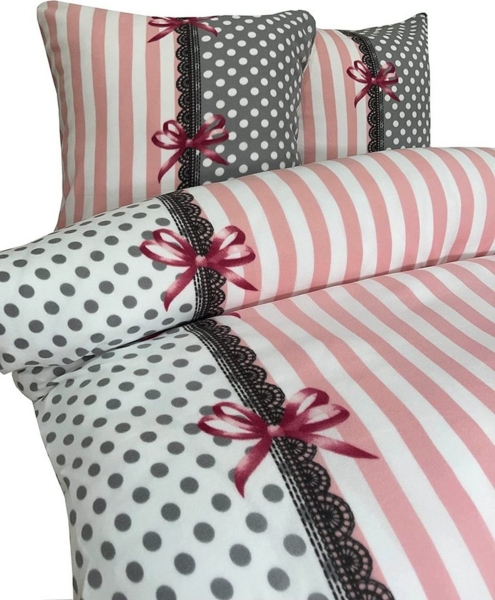 Visaggio Bettwäsche Winter Fleece Bettbezug flauschig warm, Fleece, 4 teilig, Thermofleece kuschelig weich, Streifen und Schleifen Bild 2