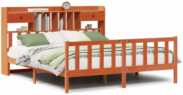 vidaXL Massivholzbett mit Regal ohne Matratze Wachsbraun 200x200 cm 3321765