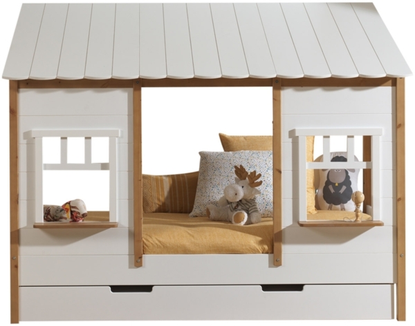 Hausbett >BABS< Lattenrost, teilmassiv eichfarbig / weiss - 214,2x174x105,3cm (BxHxT)