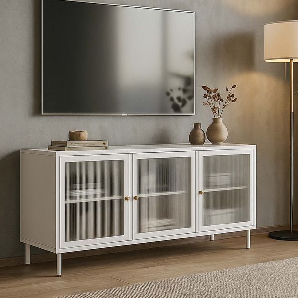 TV-Rack HWC-O87, Lowboard TV-Schrank Sideboard Türen Staufächer Industrial Metall Schilfglas 58x120x40cm ~ weiß