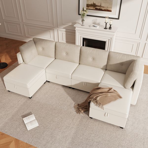 Modulares Sofa aus Samt & Cord 261x132,5 cm mit Stauraum, beige