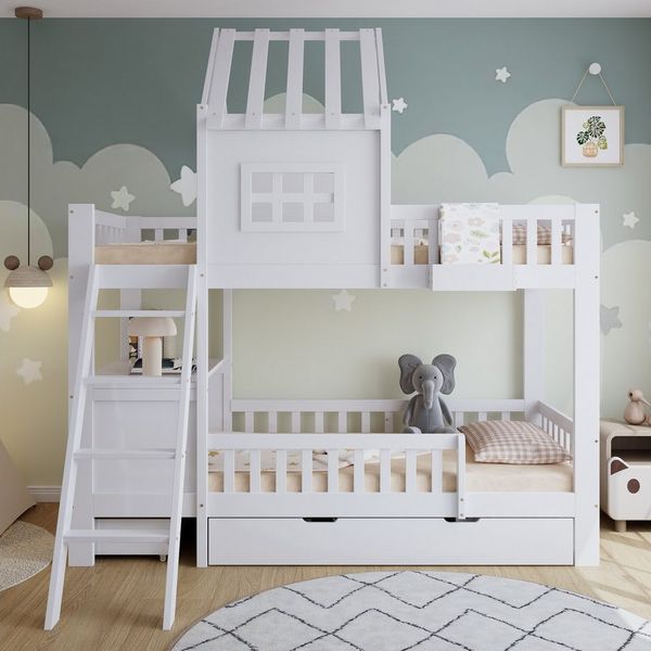 Flieks Etagenbett, Kinderbett Hausbett 90x200cm mit Schreibtisch und 2 Schubladen