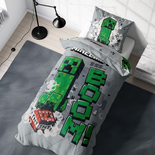 MTOnlinehandel Kinderbettwäsche Minecraft "Boom" weiche Microfaser, 135x200 cm + 80x80 cm, Microfaser, 2 teilig, Wendebettwäsche für Mädchen und Jungen, Gaming