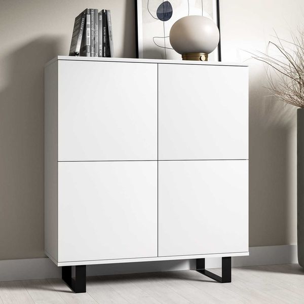 Kommode 4-Türig, Aufbewahrungsschrank, Sideboard, 100 cm, Weiß, Loft-Design, Masimo, 114 x 40 x 40 cm