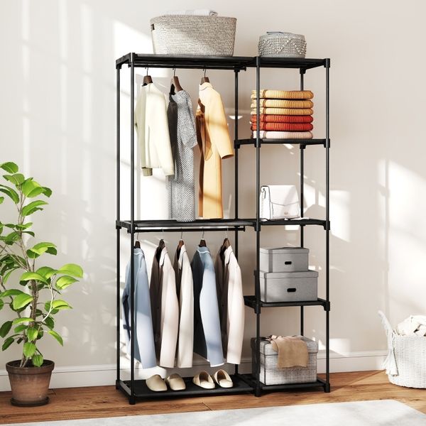 Stoffschrank 111x43x185 cm, schwarz, mit 2 Kleiderstangen und 6 Ablagen