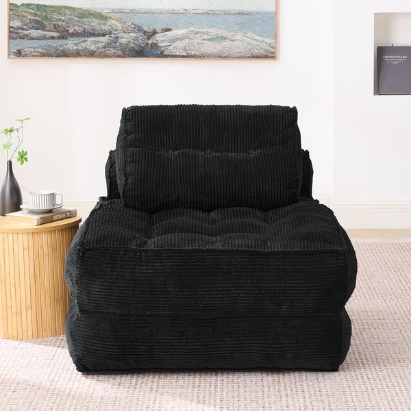 Faltbarer Bodensessel aus weichem Cordstoff 2-in-1 Design, verstellbares Faltsofa als Gästebett & Entspannungssessel, platzsparender Loungesessel in Schwarz, 85 x 85 x 85 cm