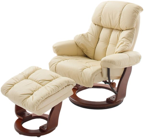 Relaxsessel >Carl I< mit Hocker, bis 130 kg belastbar, drehbarer Fernsehsessel mit Liegefunktion, Echtleder creme, Gestell Holz walnuss