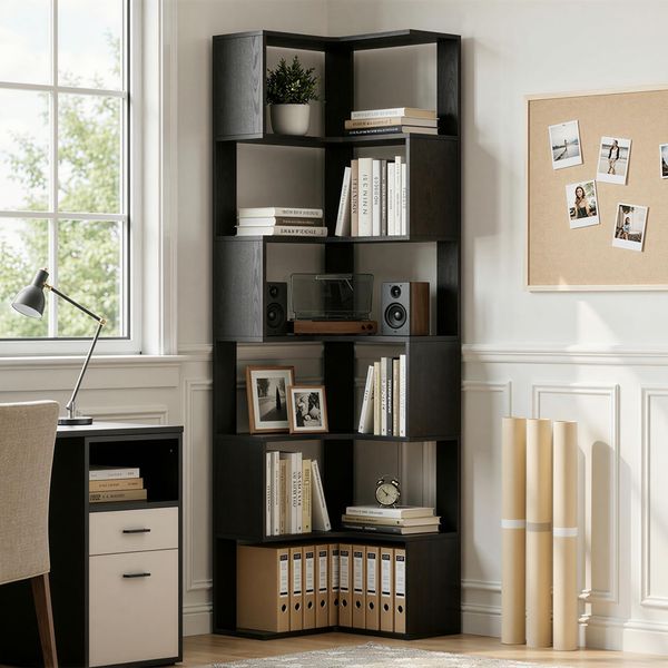 IRONCK Bücherregal 6 Ebenen Eckregal 204cm Hoch L-förmiges Standregal mit Schutzleiste, Holz offenes Regal & Aufbewahrungsregal für Wohnzimmer, Büro, Schlafzimmer, Schwarz