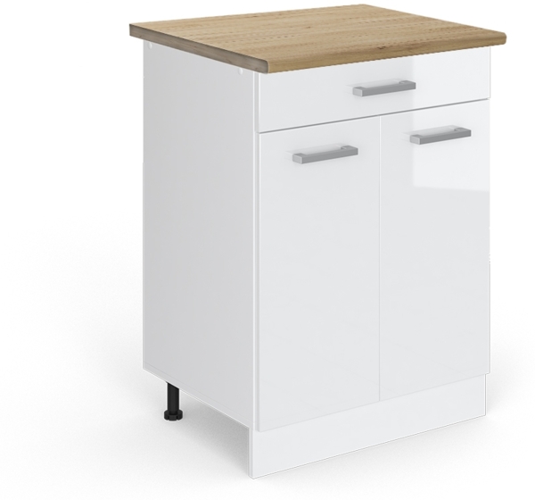 Küchenunterschrank R-Line Weiß Hochglanz 60 cm mit Schublade, AP Eiche Vicco