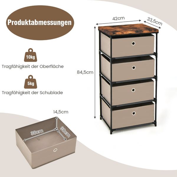 Nachttisch 4 Schubladen Aufbewahrungsschrank Stoffkommode für Schlafzimmer 42 x 33,5 x 84,5 cm Braun