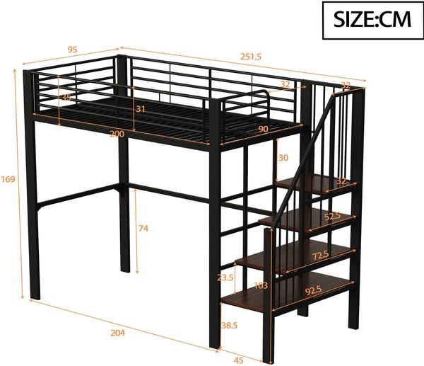 Hochbett Liegefläche 90x200 cm aus Metall und Holz mit Treppe, Stauraum unter dem Bett und schwarzer Ausführung, ohne Matratze Bild 5