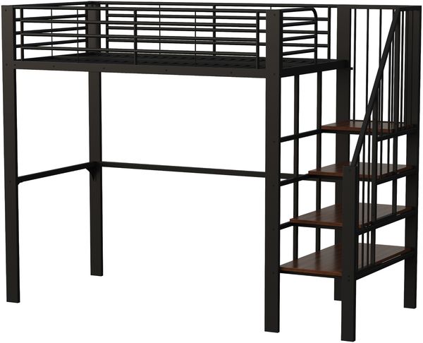 Hochbett Liegefläche 90x200 cm aus Metall und Holz mit Treppe, Stauraum unter dem Bett und schwarzer Ausführung, ohne Matratze Bild 7