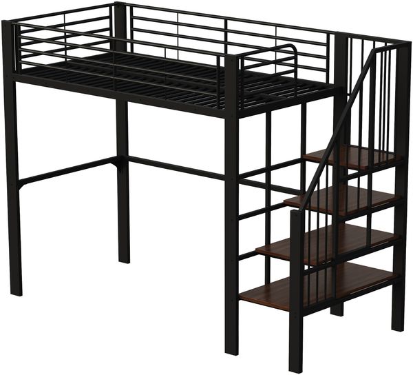 Hochbett Liegefläche 90x200 cm aus Metall und Holz mit Treppe, Stauraum unter dem Bett und schwarzer Ausführung, ohne Matratze Bild 9