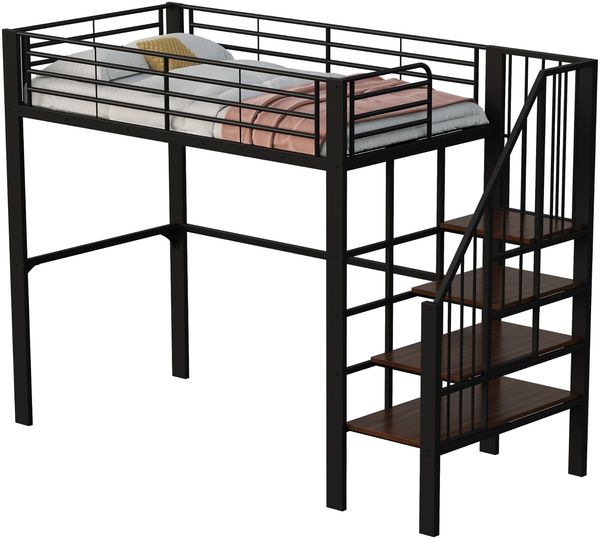 Hochbett Liegefläche 90x200 cm aus Metall und Holz mit Treppe, Stauraum unter dem Bett und schwarzer Ausführung, ohne Matratze Bild 10