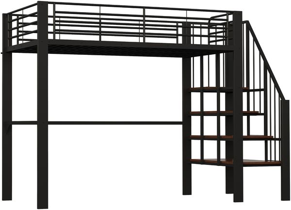 Hochbett Liegefläche 90x200 cm aus Metall und Holz mit Treppe, Stauraum unter dem Bett und schwarzer Ausführung, ohne Matratze Bild 6