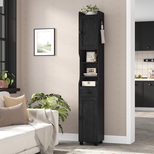 Badezimmerschrank, Badschrank Schmal Hoch, Hochschrank Badezimmer, Badschrank mit 2 Türen und 1 Schublade, Verstellbaren Ablagen offenen Fach Platzsparender Badregal 28 x 28 x 180 cm Schwarz