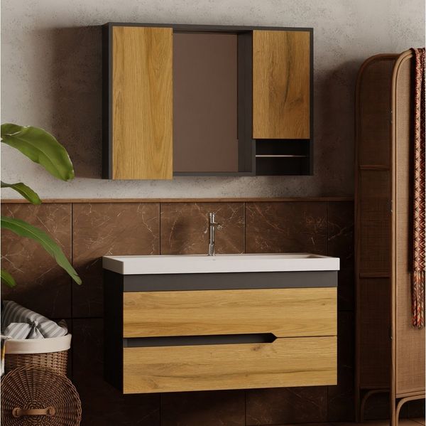 Karen Badmöbel-Set Badmöbel Set Marmara, (3-St, Unterschrank mit Schubladen, Spiegel mit Regalen, Keramikwaschbecken), Innovatives Design, MDF Lam, Softclose, Funktionalität