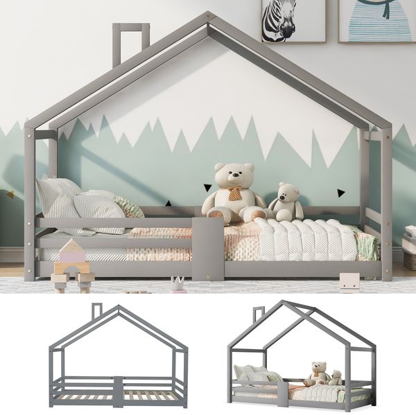Kinderbett Hausbett 90x200 cm aus Massivholz mit Rausfallschutz und 15 Latten, grau, kindgerechtes Design,Grau