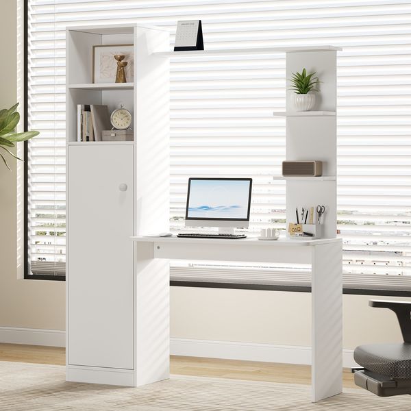 Merax Schreibtisch, Bürotisch & Lerntisch, mit Schrank und Ablageregal, Modernes Bürodesign, Weiß