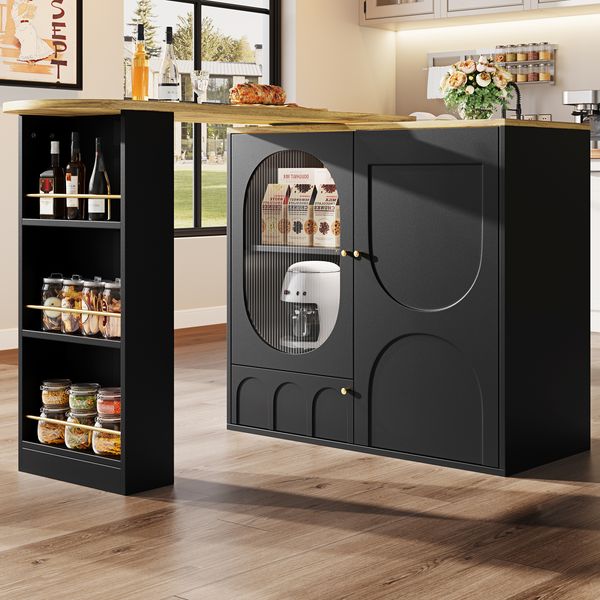 Bartisch/Kücheninsel ausziehbar B 138–204 x T 39 x H 105 cm, 360° drehbar, Stauraum, Schwarz