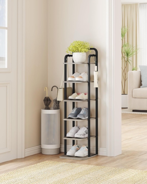 Vertikales Schuhregal, 6-Stöckige Schuhregale, Schuhturm für Kleine Räume, Freistehend, Verstellbar, Platzsparend,Helles Elfenbein und Schwarz