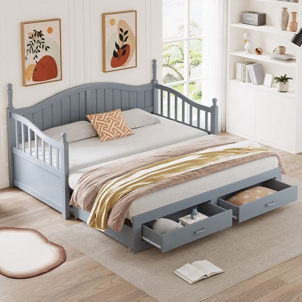 MODFU Schlafsofa Multifunktionales Zwei-in-Eins-Tagesbett, Ausziehbares Schlafsofa aus Massivholz 90x190cm bis 180x190cm – Mit eleganter römischer Säule, geschwungener Rückenlehne, Stauraum-Schubladen, stabiler Lattenrost, ohne Matratze