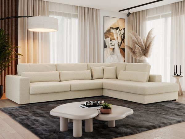 Freistehendes Ecksofa mit lose Kissen, L-form - SAVONA - rechts - Beige Boucle