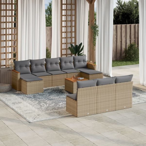 vidaXL 11-tlg. Garten-Sofagarnitur mit Kissen Beige Poly Rattan 3258797