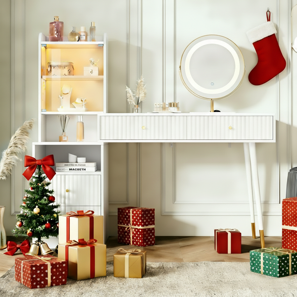 Schminktisch mit LED-Spiegel & Glasvitrine, 100 x 40 x 125 cm, weiß