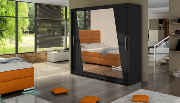 Kleiderschrank London XIV, ohne Beleuchtung, Farbe: Schwarz / Schwarz + Weiß Lacobel